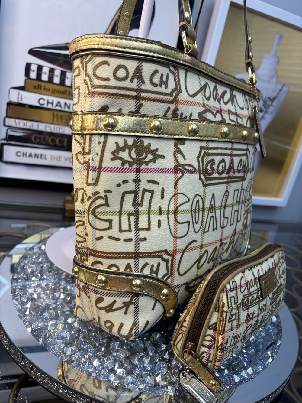 Coach 2009 Heritage Tattersall Graffiti Gold Tote W/ matching cosmetic pouch EUC - Picture 8 of 16